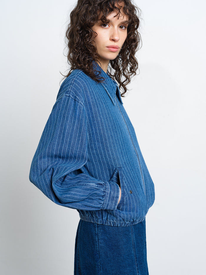 Cherrie Pinstripe Denim Zip Up Bomber Jacket