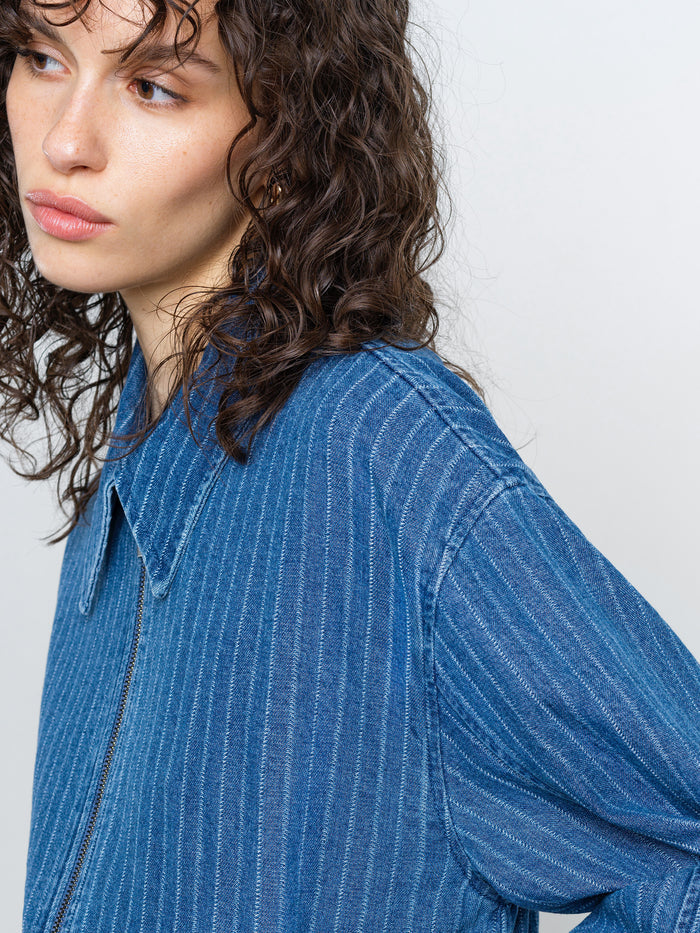 Cherrie Pinstripe Denim Zip Up Bomber Jacket