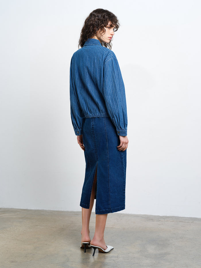 Cherrie Pinstripe Denim Zip Up Bomber Jacket