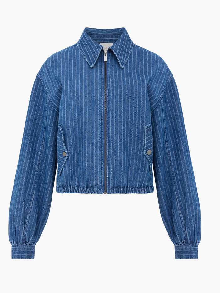 Cherrie Pinstripe Denim Zip Up Bomber Jacket