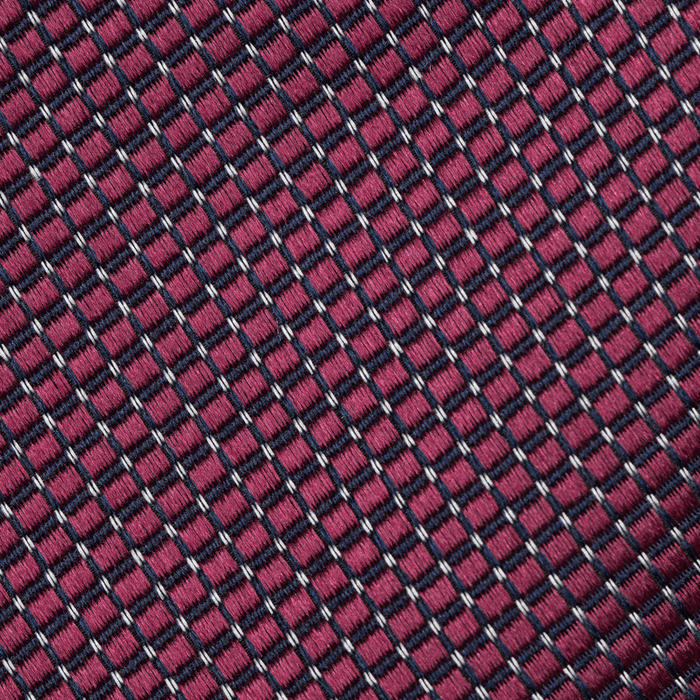Close-up of Chianti-red necktie fabric, showing a woven navy-and-white grid pattern.