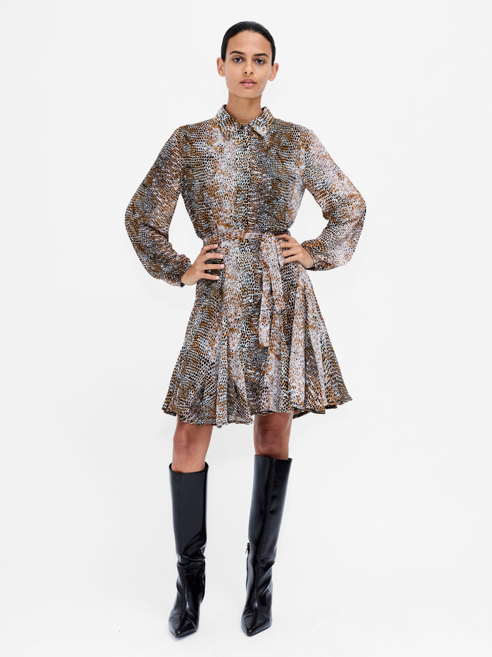 Chiffon Snake Print Belted Mini Shirt Dress