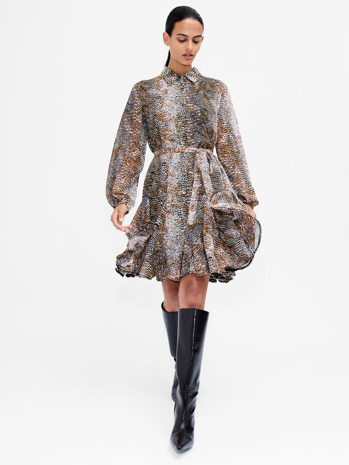 Chiffon Snake Print Belted Mini Shirt Dress
