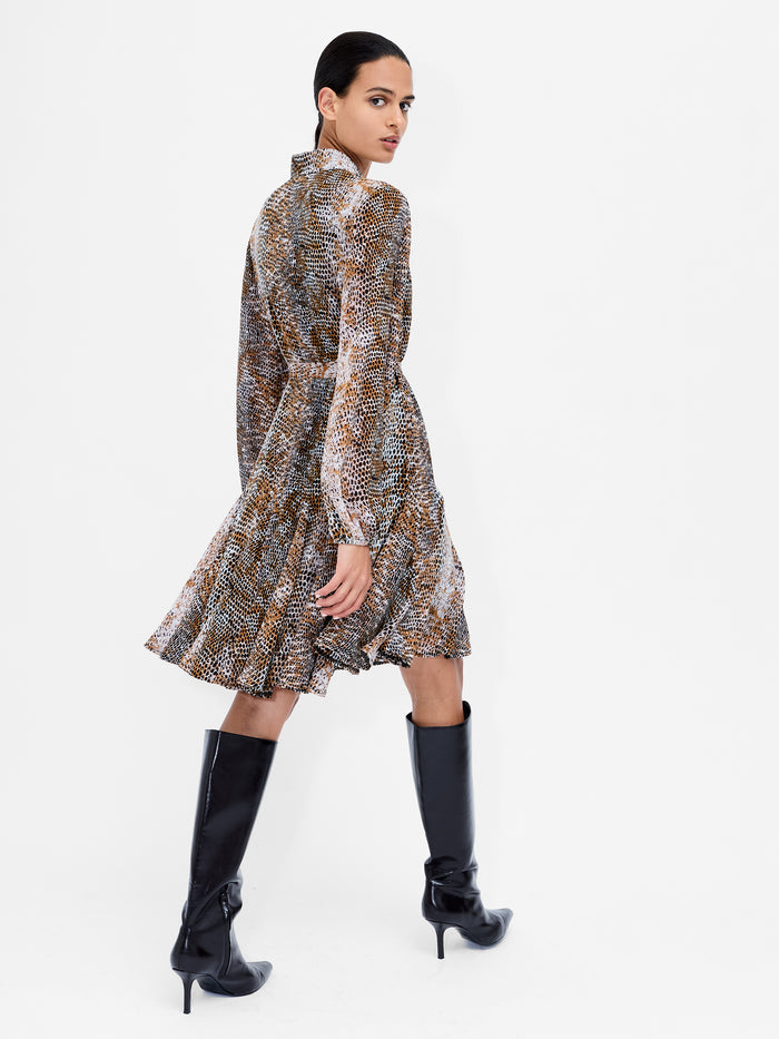 Chiffon Snake Print Belted Mini Shirt Dress