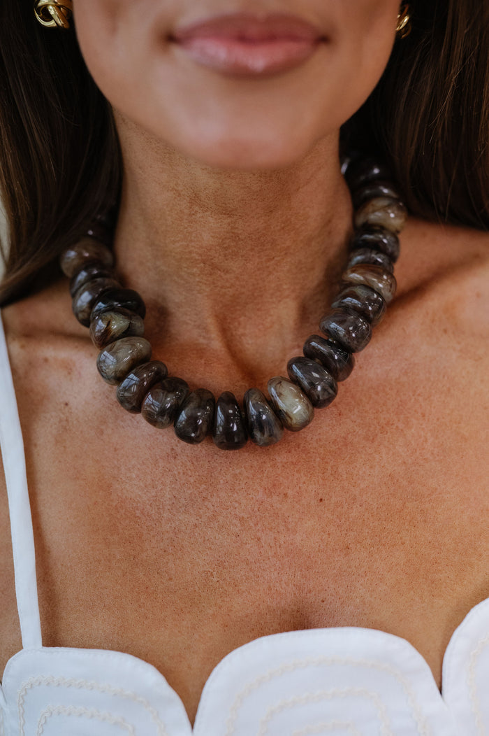 Chunky Marble Beaded Necklace-Brown