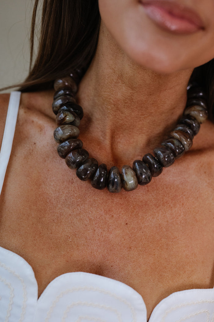 Chunky Marble Beaded Necklace-Brown