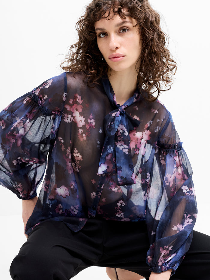 Clara Sheer Bow Tie Floral Print Long Sleeve Shirt