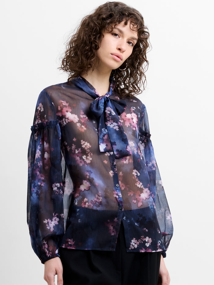 Clara Sheer Bow Tie Floral Print Long Sleeve Shirt