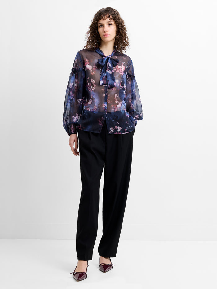 Clara Sheer Bow Tie Floral Print Long Sleeve Shirt