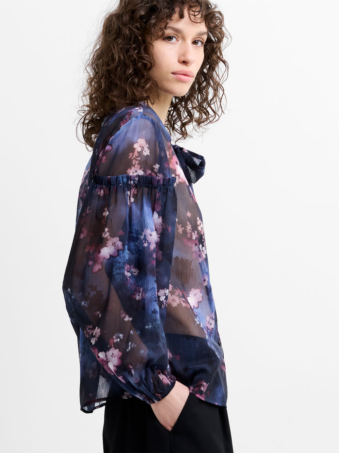 Clara Sheer Bow Tie Floral Print Long Sleeve Shirt