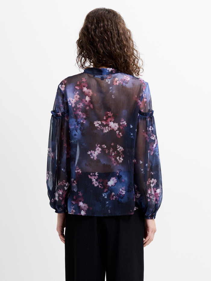 Clara Sheer Bow Tie Floral Print Long Sleeve Shirt