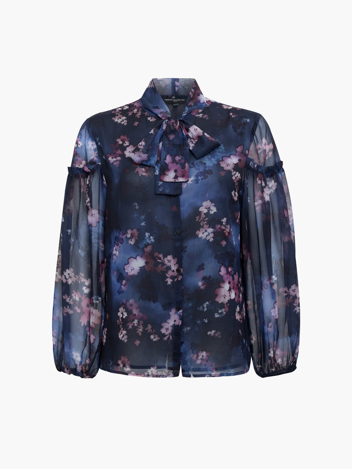 Clara Sheer Bow Tie Floral Print Long Sleeve Shirt