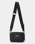 Black crossbody bag with a visible brand logo on a white background