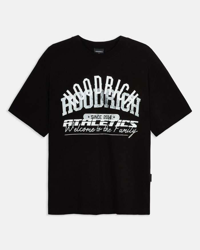 Black t-shirt with white text on a white background