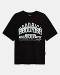 Black t-shirt with white text on a white background