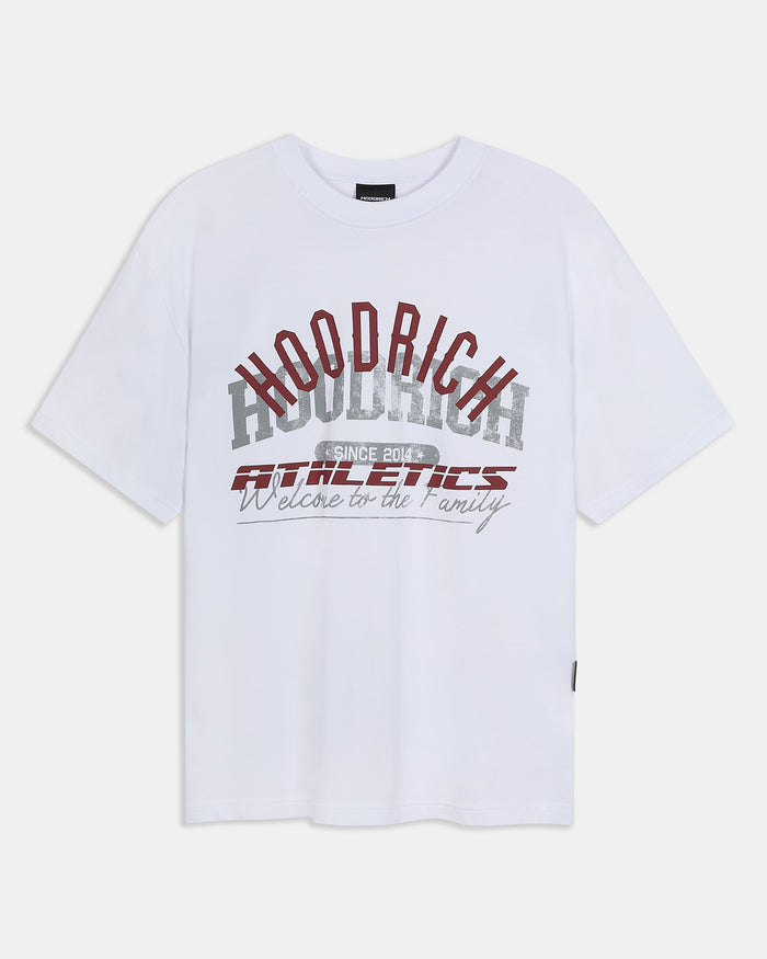 White t-shirt with 'Hoodrich Athletics' text on a white background