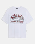 White t-shirt with 'Hoodrich Athletics' text on a white background
