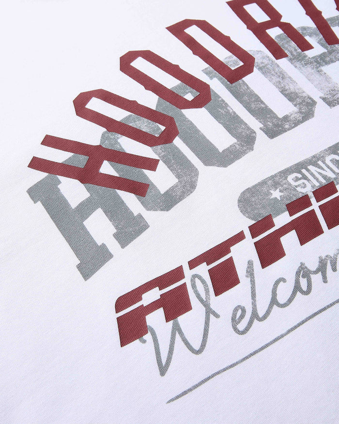 Close-up of a white t-shirt with red and gray text on a white background