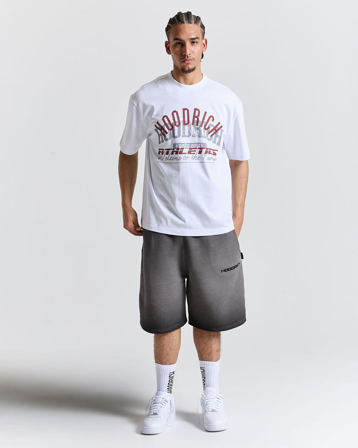 Man wearing a white t-shirt and gray shorts with 'Hoodright Athletics' branding on a light gray background