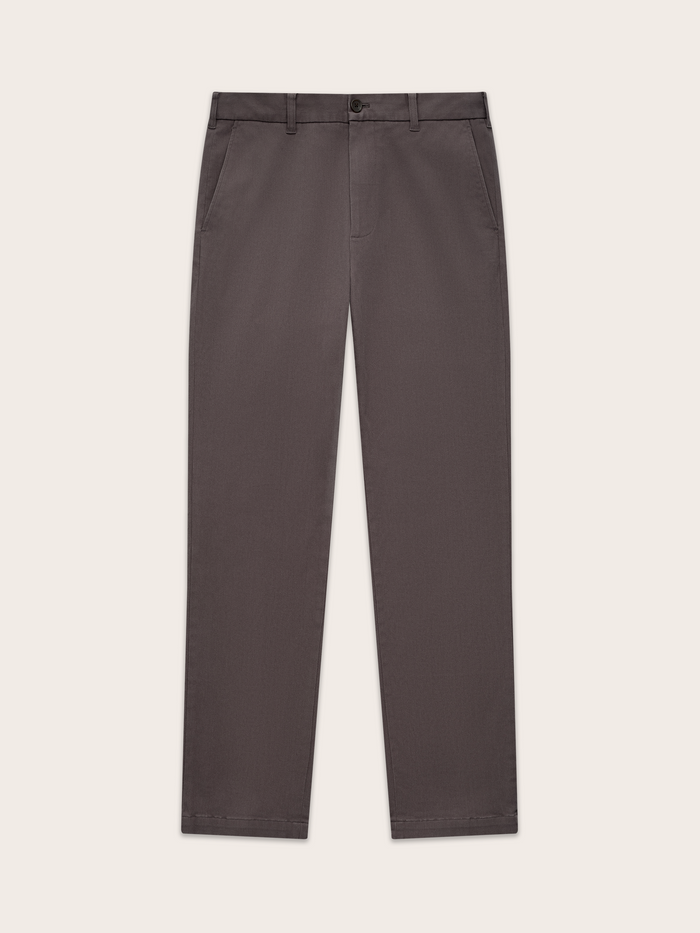 Grey chino pants laid flat, front view, on a cream background.
