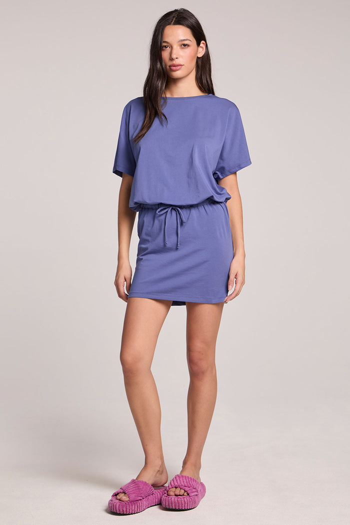 Front view of a woman wearing the Chaser Cody French Riviera Mini Dress and pink shoes on a neutral background