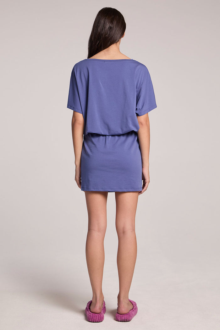 Back view of a woman wearing the Chaser Cody French Riviera Mini Dress on a neutral background