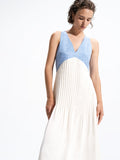 Colby Chambray V Neck Pleat Mix Midi Dress