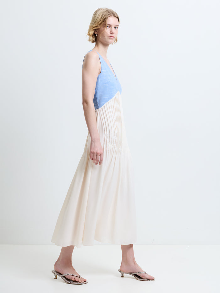 Colby Chambray V Neck Pleat Mix Midi Dress