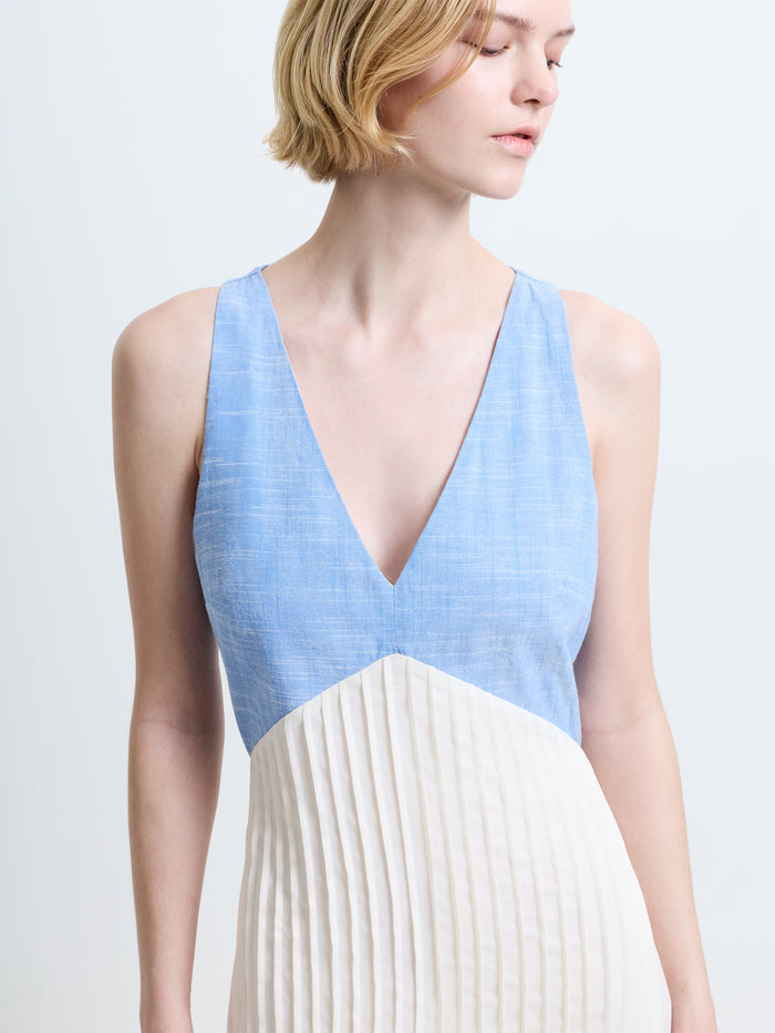 Colby Chambray V Neck Pleat Mix Midi Dress