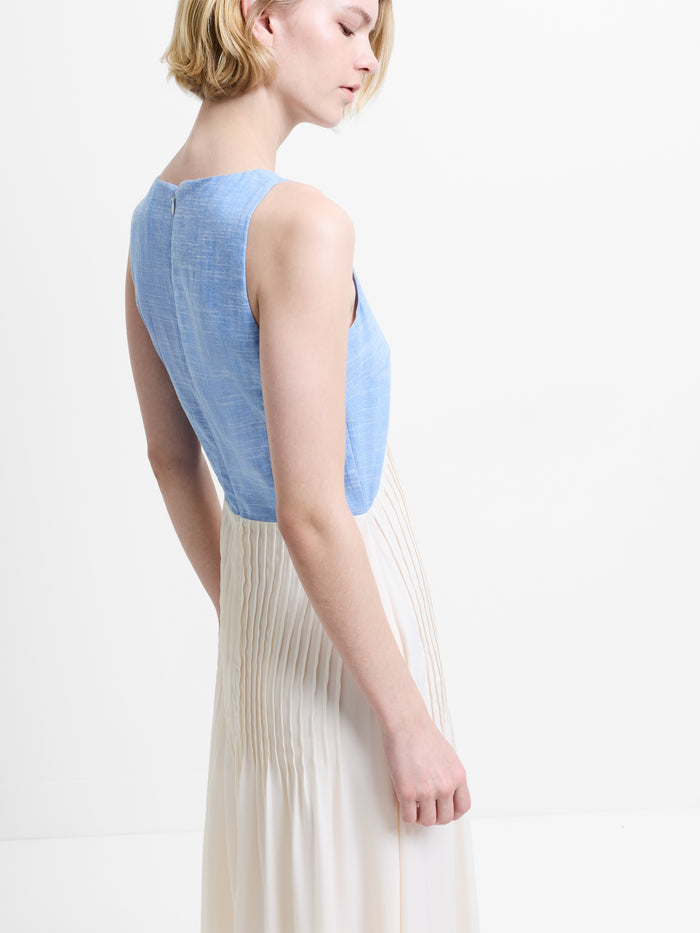 Colby Chambray V Neck Pleat Mix Midi Dress