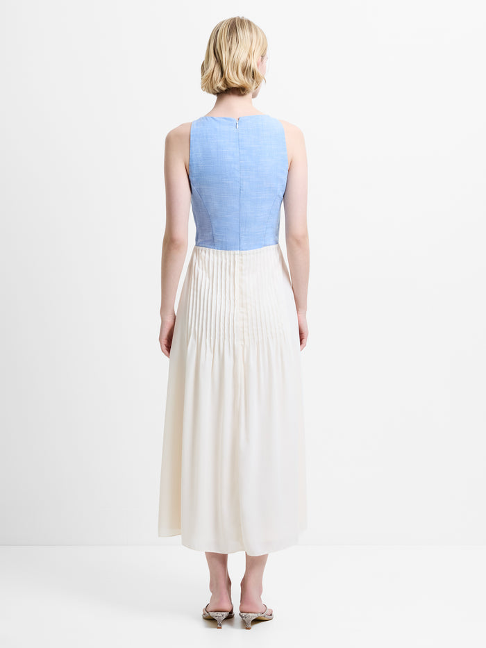 Colby Chambray V Neck Pleat Mix Midi Dress