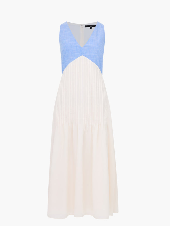 Colby Chambray V Neck Pleat Mix Midi Dress