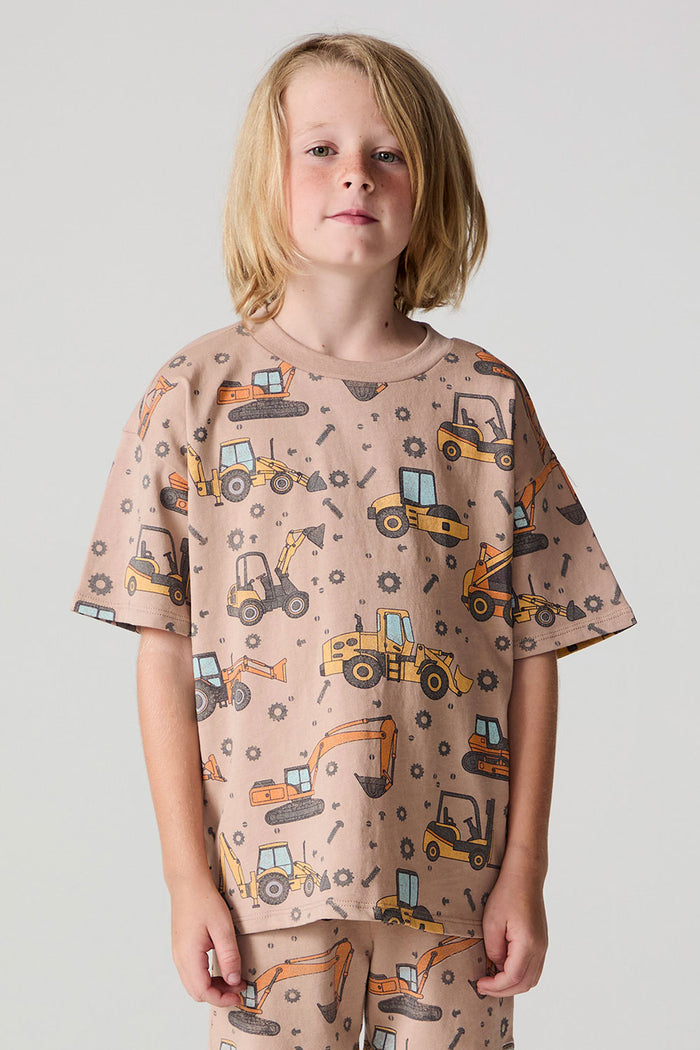 Front view of a boy wearing the Chaser Construction Days Tee on a neutral background