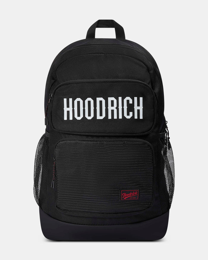 Black backpack with 'HOODRICH' branding on a light gray background