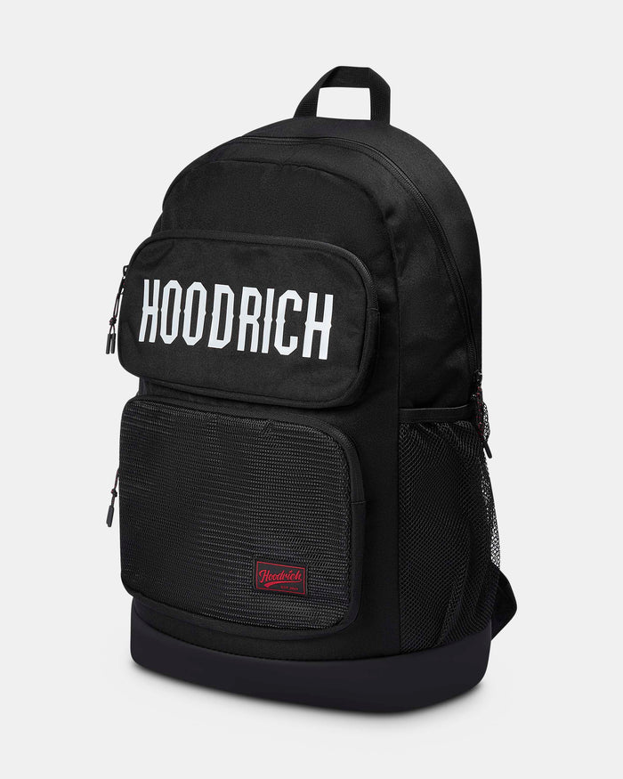 Black backpack with 'Hoodrich' branding on a light gray background
