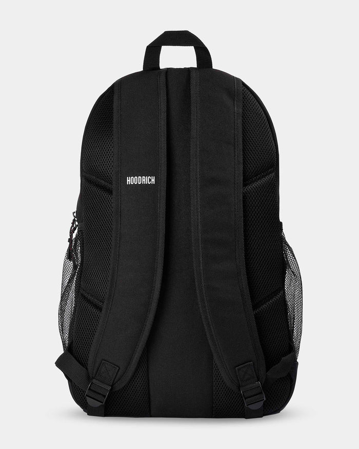Black backpack with 'HOODRICH' branding on a light gray background