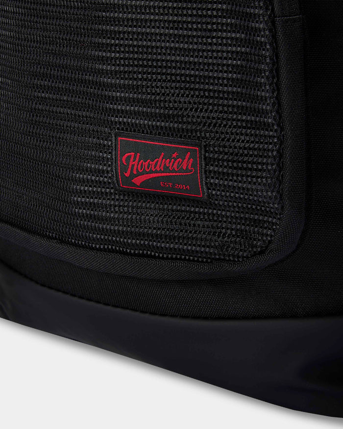 Black backpack with a red logo on a white background