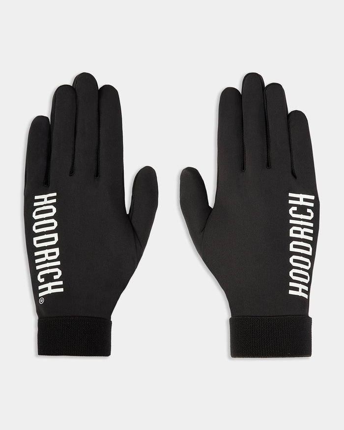 Black gloves with 'Hoodrich' branding on a white background