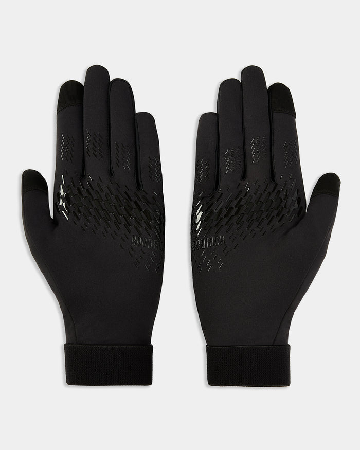 Pair of black gloves with textured palm on a light gray background