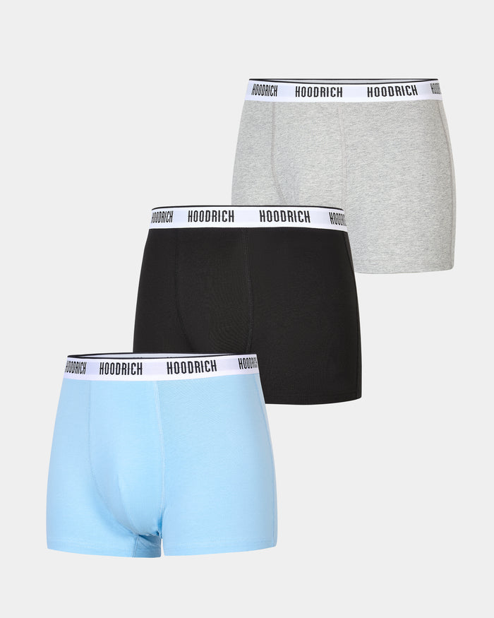 Three pairs of boxer briefs in black, gray, and light blue with 'Hoodrich' branding on a white background.