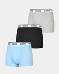 Three pairs of boxer briefs in black, gray, and light blue with 'Hoodrich' branding on a white background.