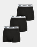 Three pack of black boxer shorts with white waistbands, each featuring a logo.
