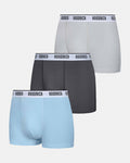 3 pack of Hoodrich boxers in dark grey, light grey, and light blue