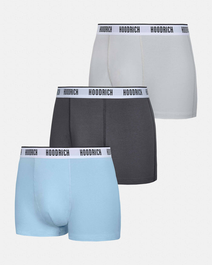 3 pack of Hoodrich boxers in dark grey, light grey, and light blue