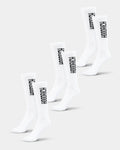 Three pairs of white crew socks with black text branding on the side, displayed in a stacked arrangement.