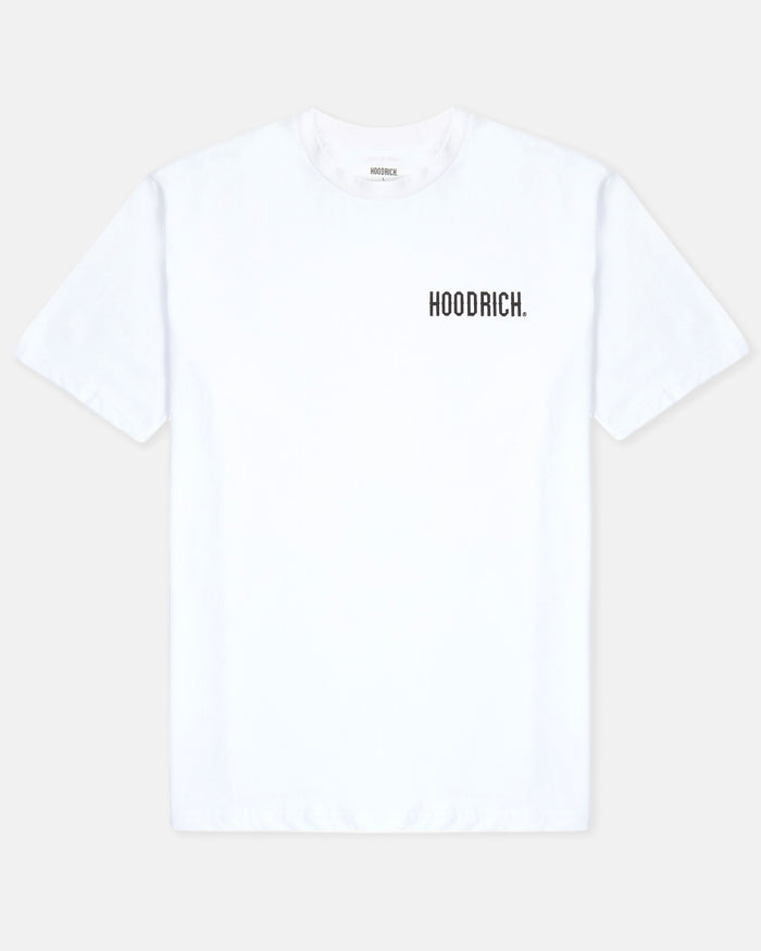 White t-shirt with 'HOODRICH' text on a light gray background