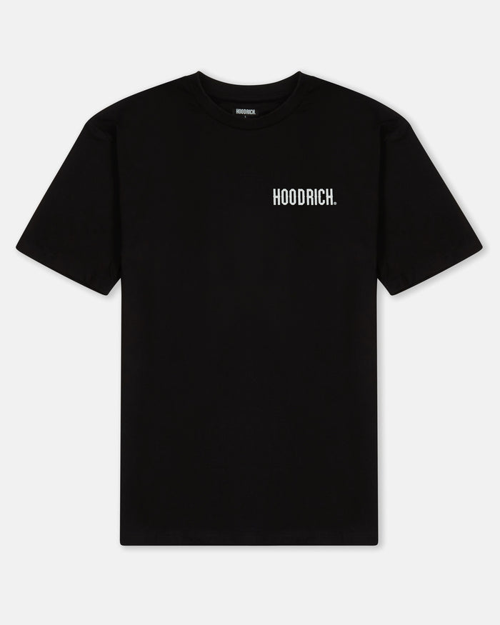 Black t-shirt with 'HOODRICH' logo on a white background