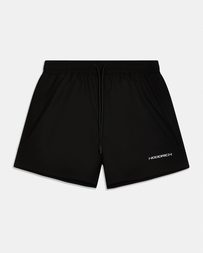 Black athletic shorts with a drawstring waist and a small white HOODRICH logo on the lower right leg, shown against a light gray background.