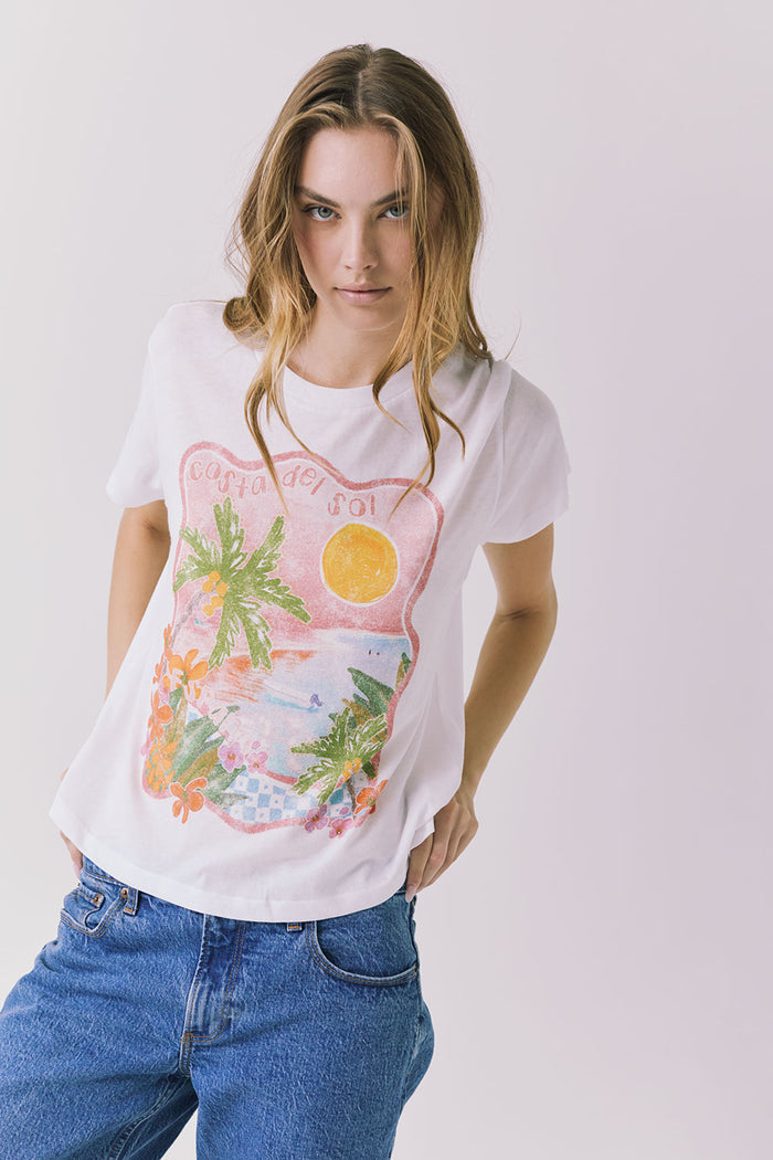 Chaser Costa Del Sol Tee in White featuring a soft pastel coastal graphic with palm trees and sunset tones on a relaxed short sleeve silhouette.