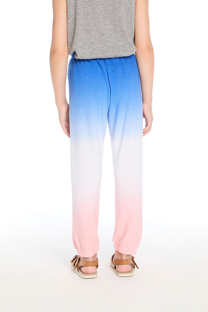Back view of the Chaser Kids Cotton Candy Dip Dye Pants highlighting soft lounge fabric and pink-to-blue gradient on a white background